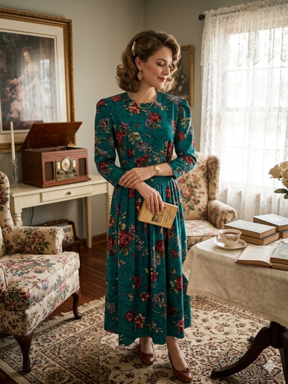 Vintage-Inspired Teal Floral Midi Dress 🌸 size 8